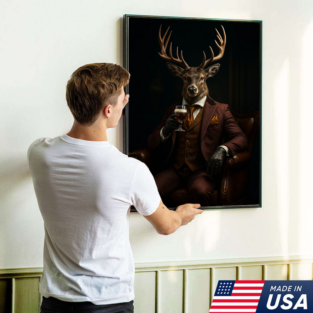 Deer Gentleman Canvas Wall Art – Rustic Lodge Decor, Anthropomorphic Buck in Suit