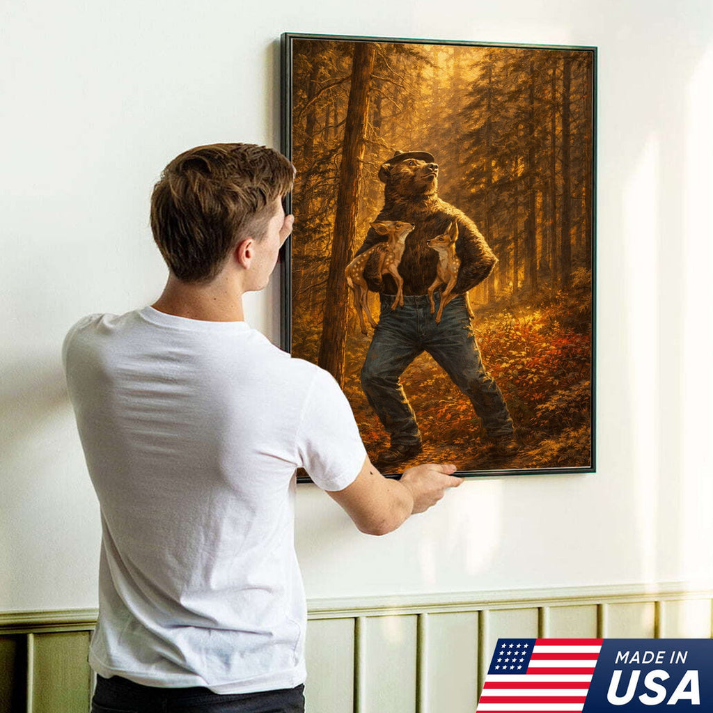 Protector of the Wild Canvas Wall Art – Bear Holding Fawns Forest Scene Print