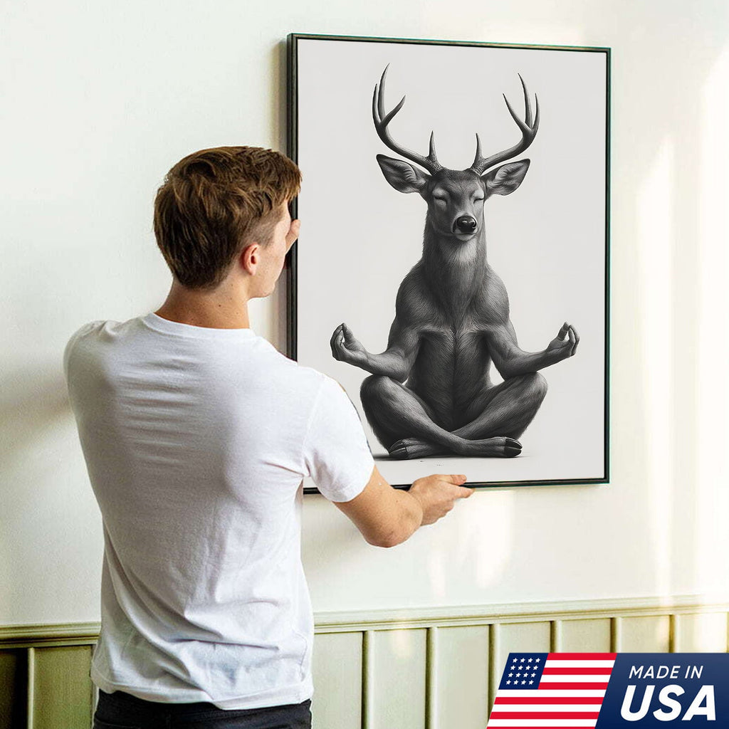 Yoga Deer Canvas Wall Art, Meditating Buck Minimalist Black and White Print, Peaceful Wildlife Zen Decor