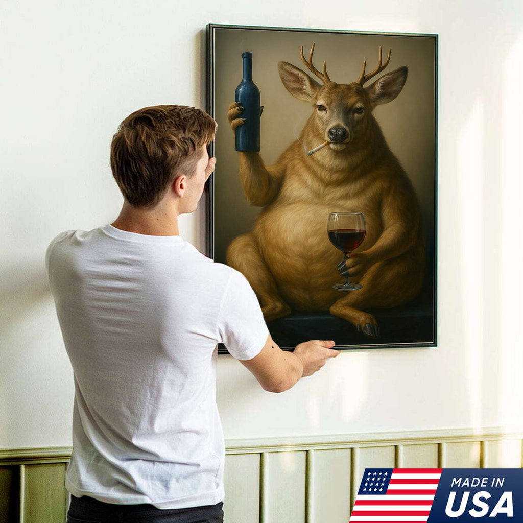 Funny Deer Wall Art Canvas – Fat Buck with Wine Glass Rustic Lodge Decor