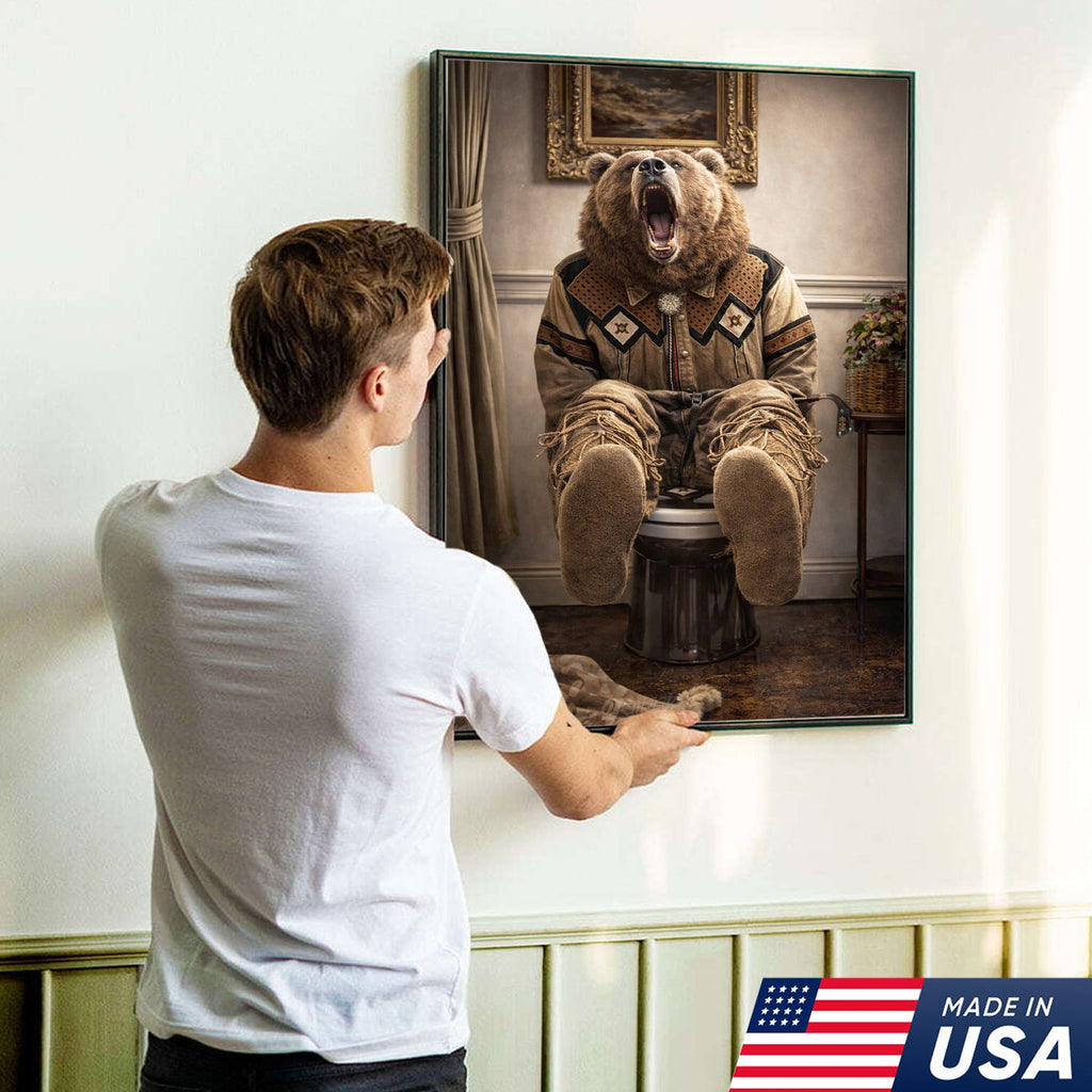 Funny Bear Bathroom Canvas Wall Art – Western Bear On Toilet