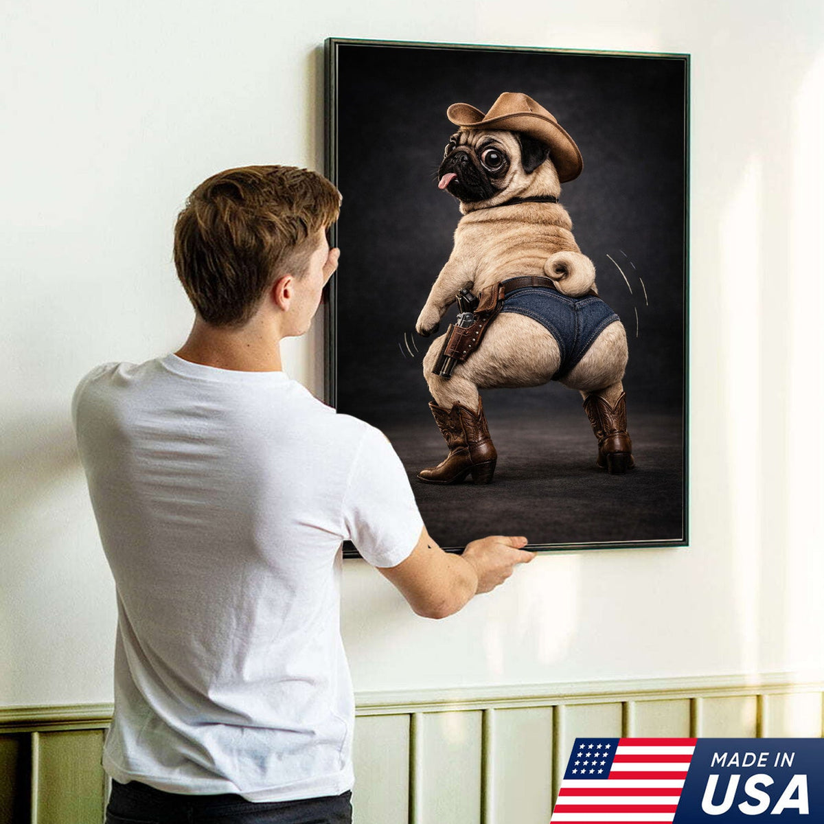 Funny Pug Canvas – Cowboy Dog Wall Art – Western Humor Decor