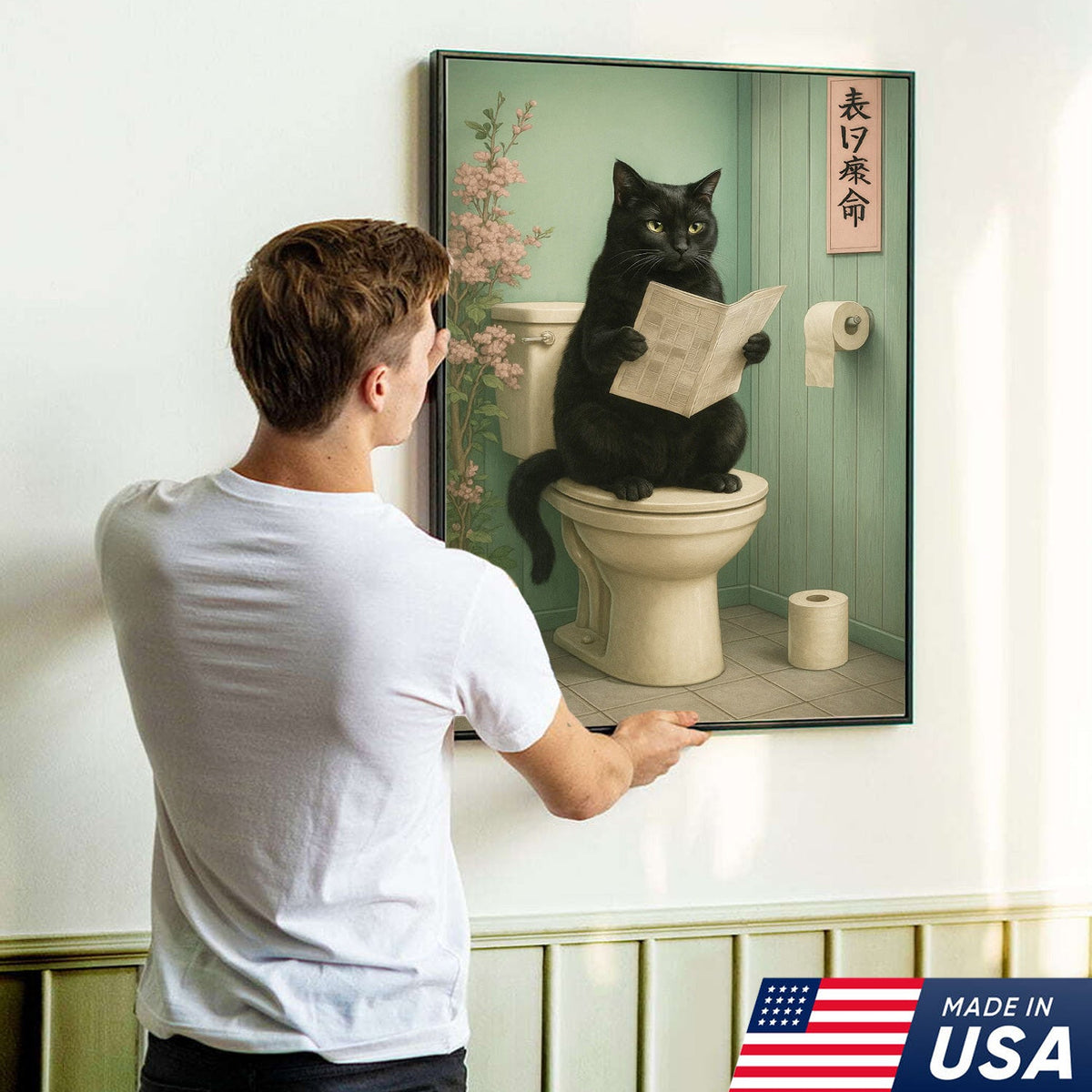 Funny Cat Bathroom Canvas Wall Art, Black Cat on Toilet Reading Newspaper