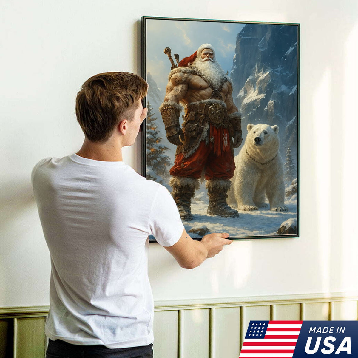 Viking Santa with Polar Bear Canvas Wall Art, Epic Christmas Warrior Decor
