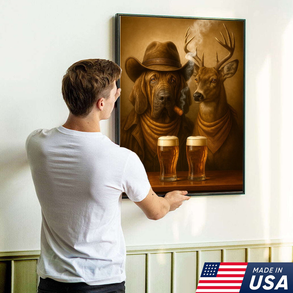 Funny Dog & Deer Cowboy Canvas Wall Art – Funny Rustic Beer Decor for Hunters