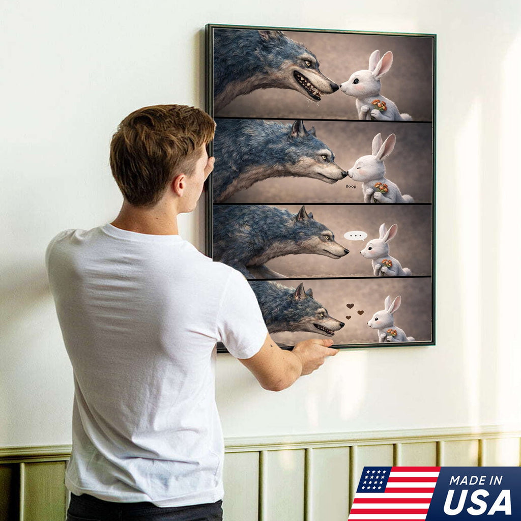 Cute Wolf and Bunny Comic Canvas Print, Whimsical Animal Love Story Wall Art Decor