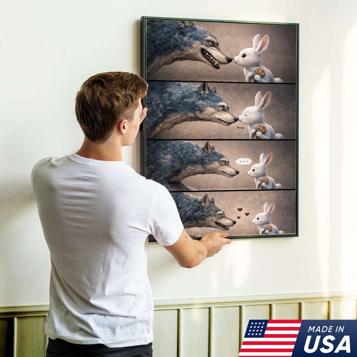 Cute Wolf and Bunny Comic Canvas Print, Whimsical Animal Love Story Wall Art Decor