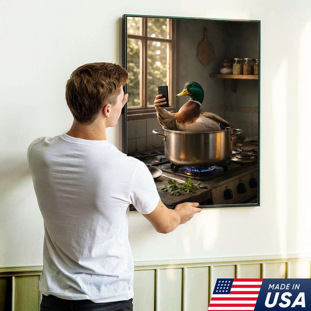 Funny Duck Cooking Selfie Canvas Wall Art, Whimsical Kitchen Animal Illustration