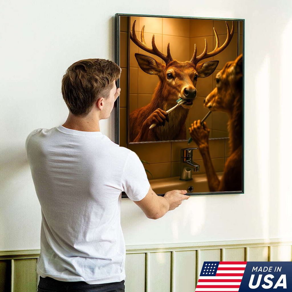 Deer Brushing Teeth Canvas – Funny Bathroom Wall Art, Cabin Decor Gift for Hunters