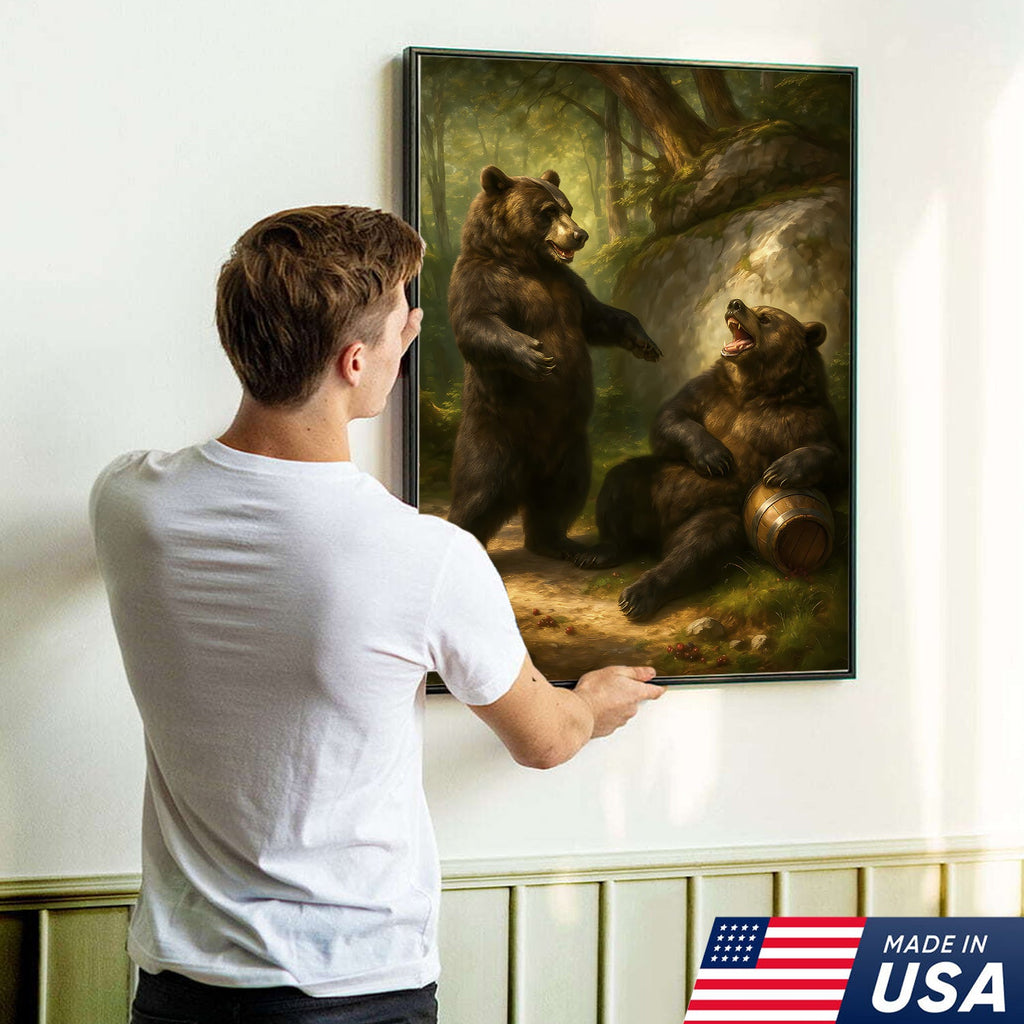 Funny Drunk Bears Canvas – Rustic Cabin Wall Art Gift for Hunters, Beer Lovers & Man Caves