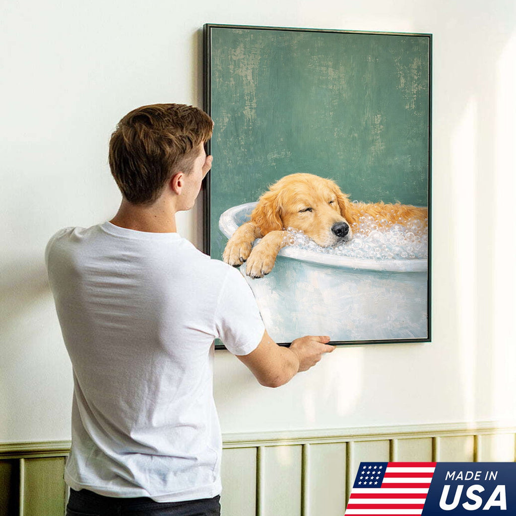 Golden Retriever Bath Canvas Wall Art, Cute Dog Bathroom Decor