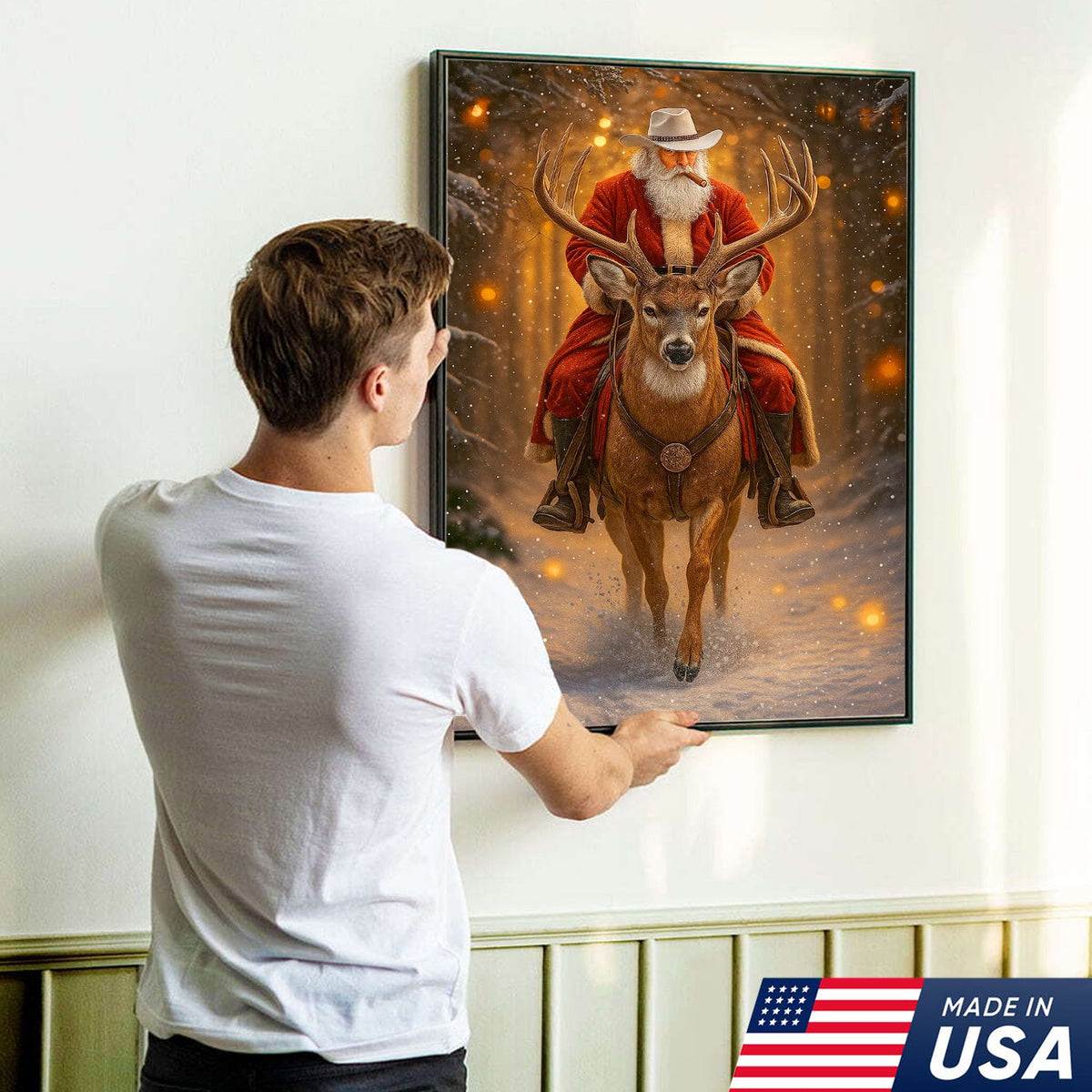 Cowboy Santa Riding Deer Canvas, Western Christmas Wall Art Decor