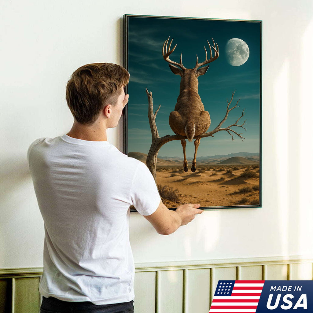 Funny Deer Moon Canvas, Whitetail Buck Sitting on Tree Wall Art, Humorous Hunter Gift