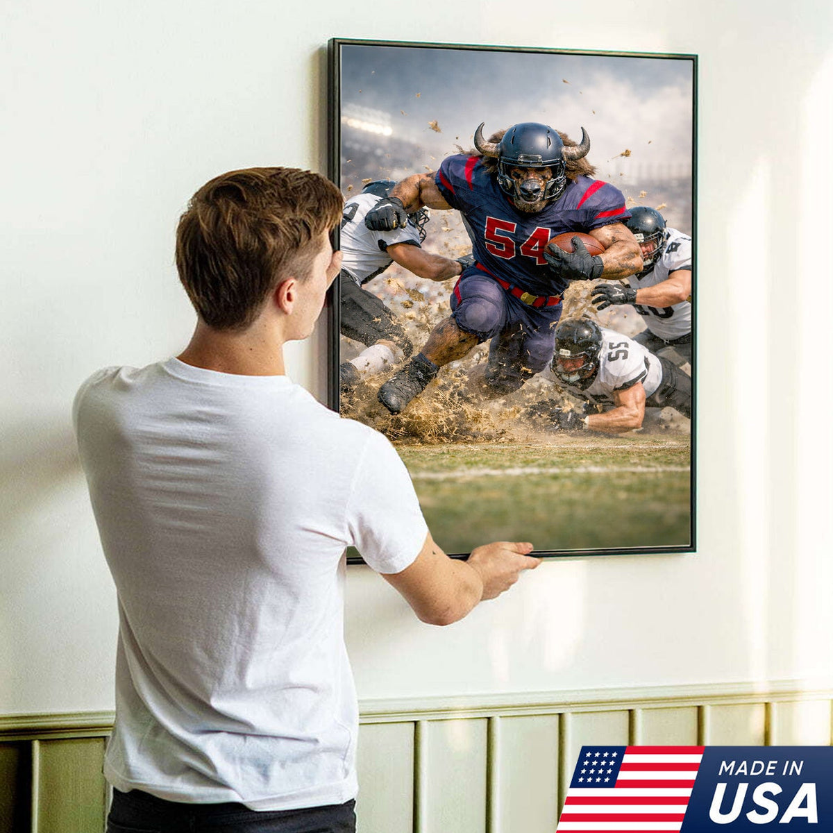 Bull Football Player Canvas Wall Art – Powerful Stadium Action Sports Print