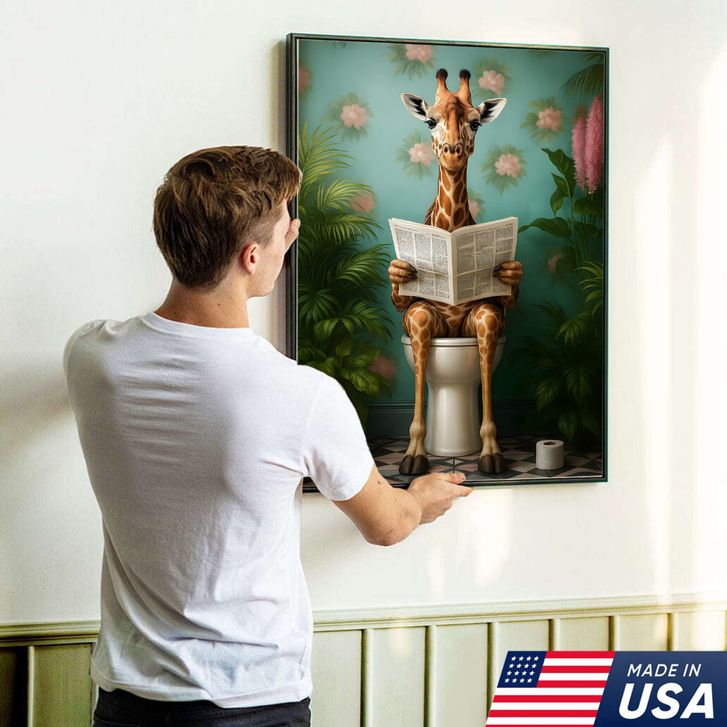 Funny Giraffe Bathroom Canvas Wall Art, Whimsical Animal Reading Newspaper Print