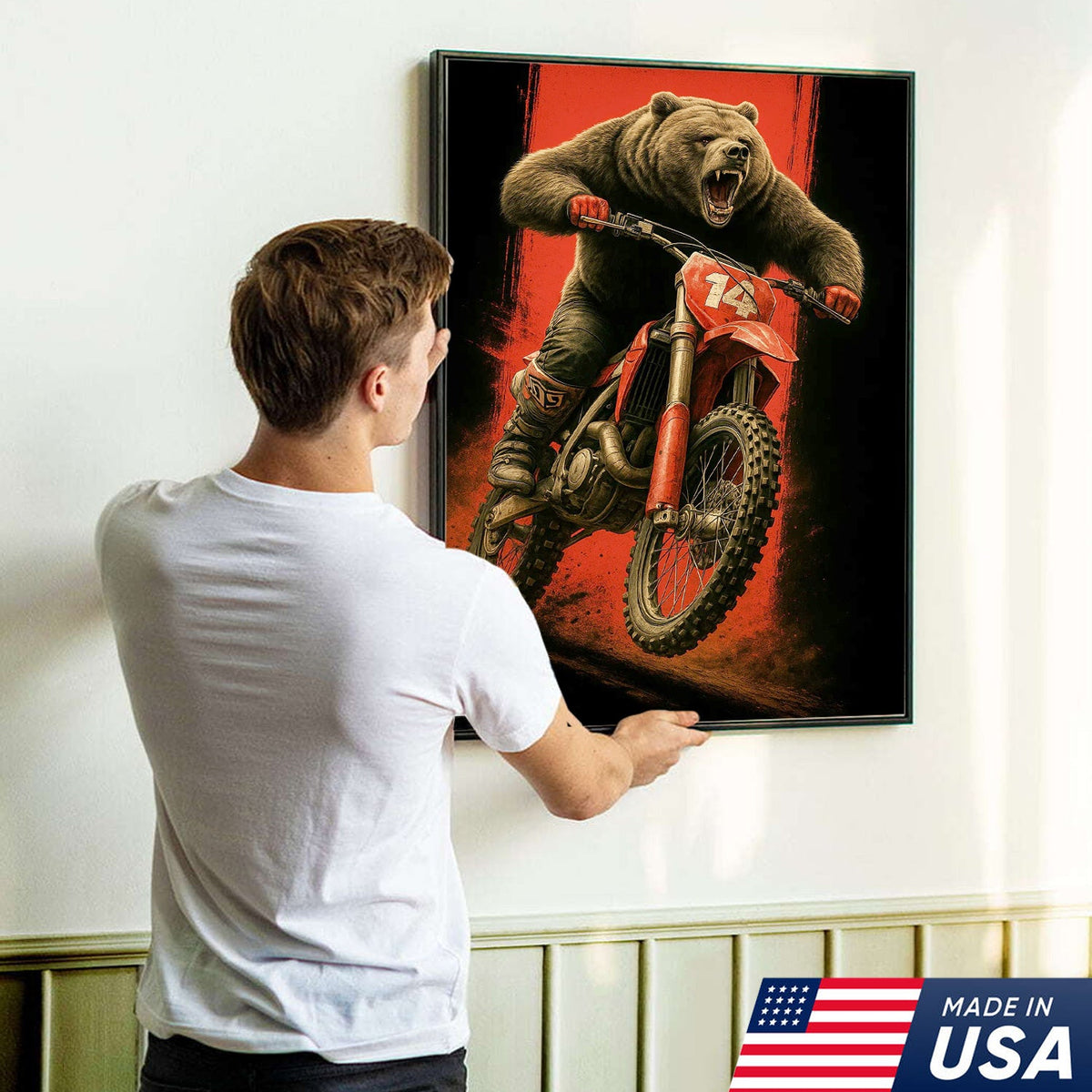 Motocross Bear Wall Art Canvas, Fierce Dirt Bike Racing Bear Print
