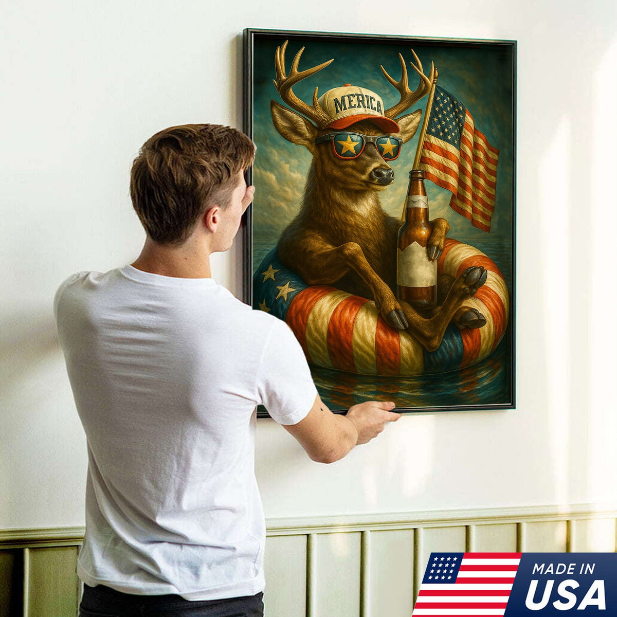 Patriotic Deer Wall Art Canvas – Funny American Flag Wall Art, Man Cave & Rustic Cabin Decor