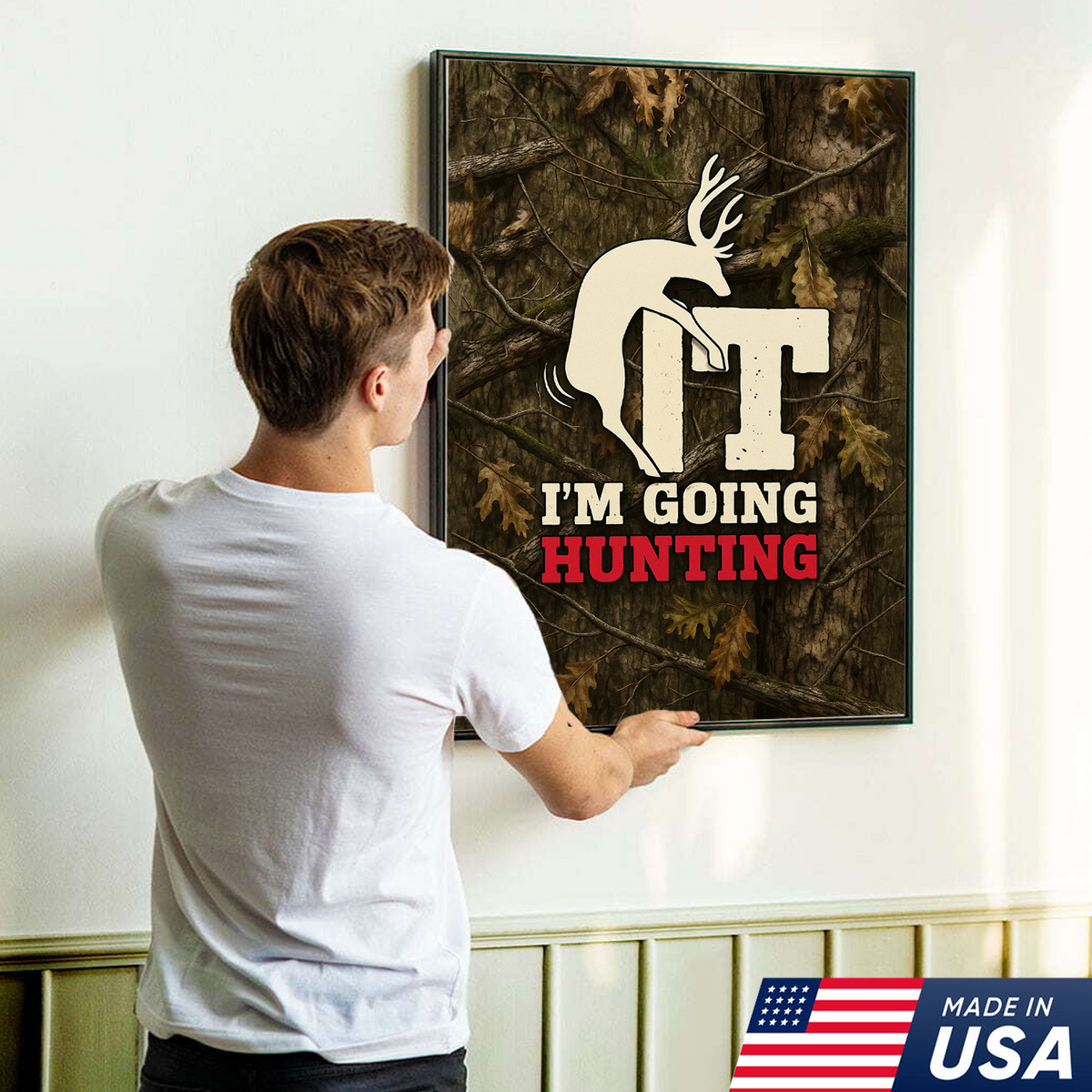 Funny Deer Hunting Canvas Wall Art - Rustic Camo Design for Hunters - Man Cave and Cabin Decor