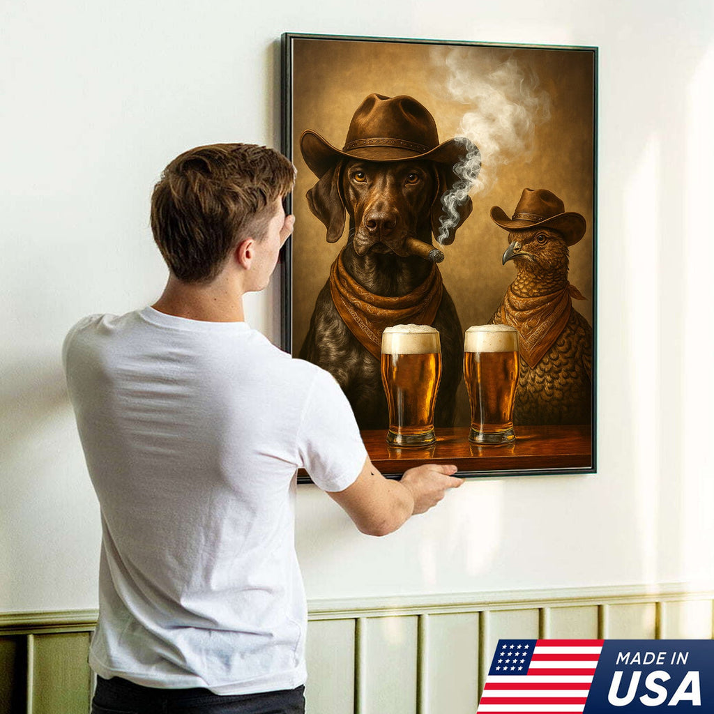 Funny Dog & Grouse Beer Canvas Wall Art – Rustic Cowboy Bar Decor Gift for Hunters & Outdoorsmen