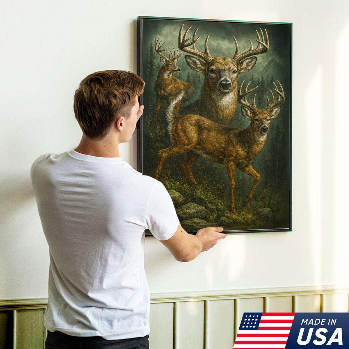 Whitetail Deer Trio Canvas Wall Art, Majestic Bucks in Forest Scene, Perfect Hunting Lodge