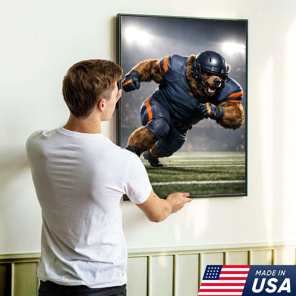 Raging Grizzly Football Canvas Wall Art – Powerful Bear Athlete Stadium Action Print