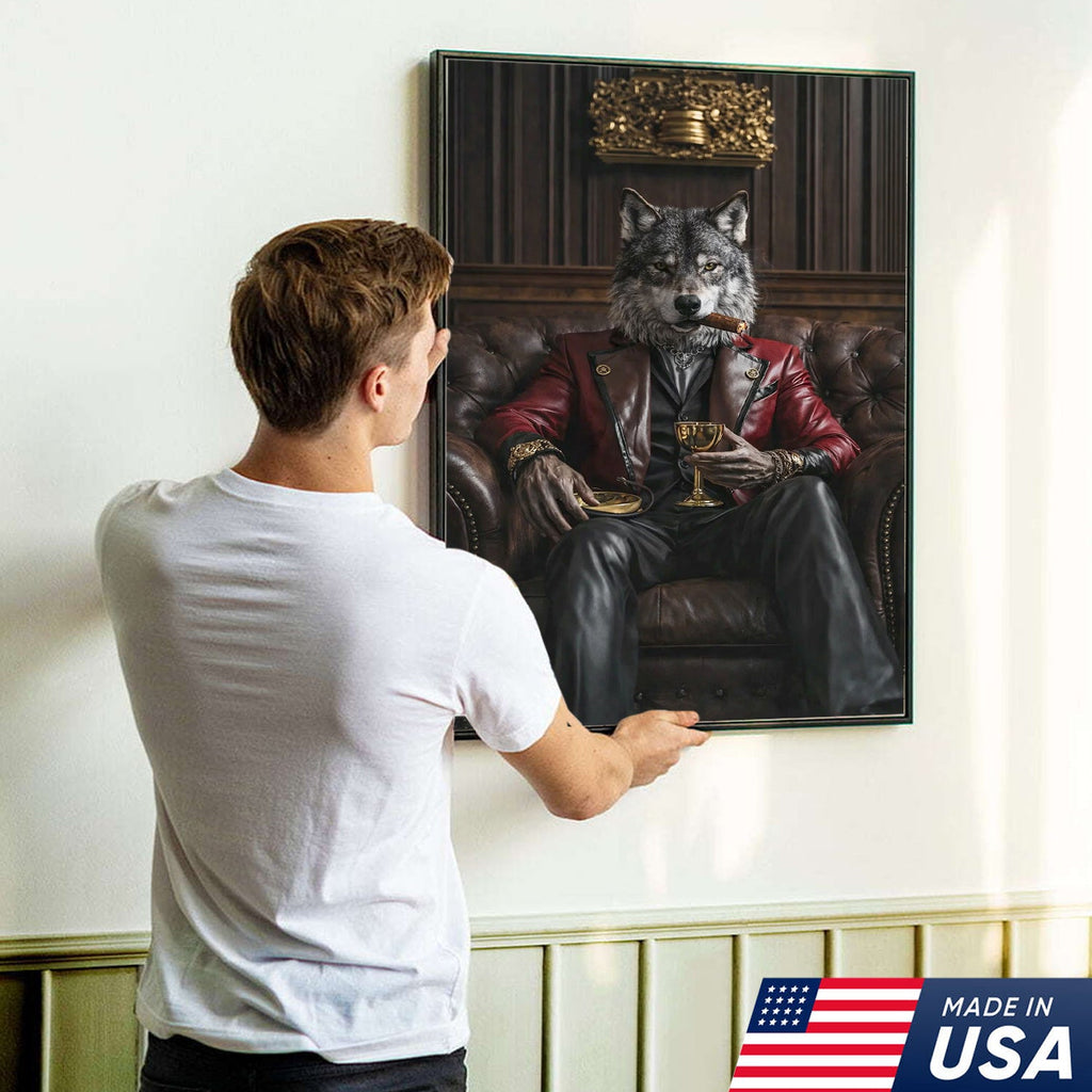 Luxury Alpha Wolf Canvas Wall Art, Aristocratic Wolf Gentleman Portrait