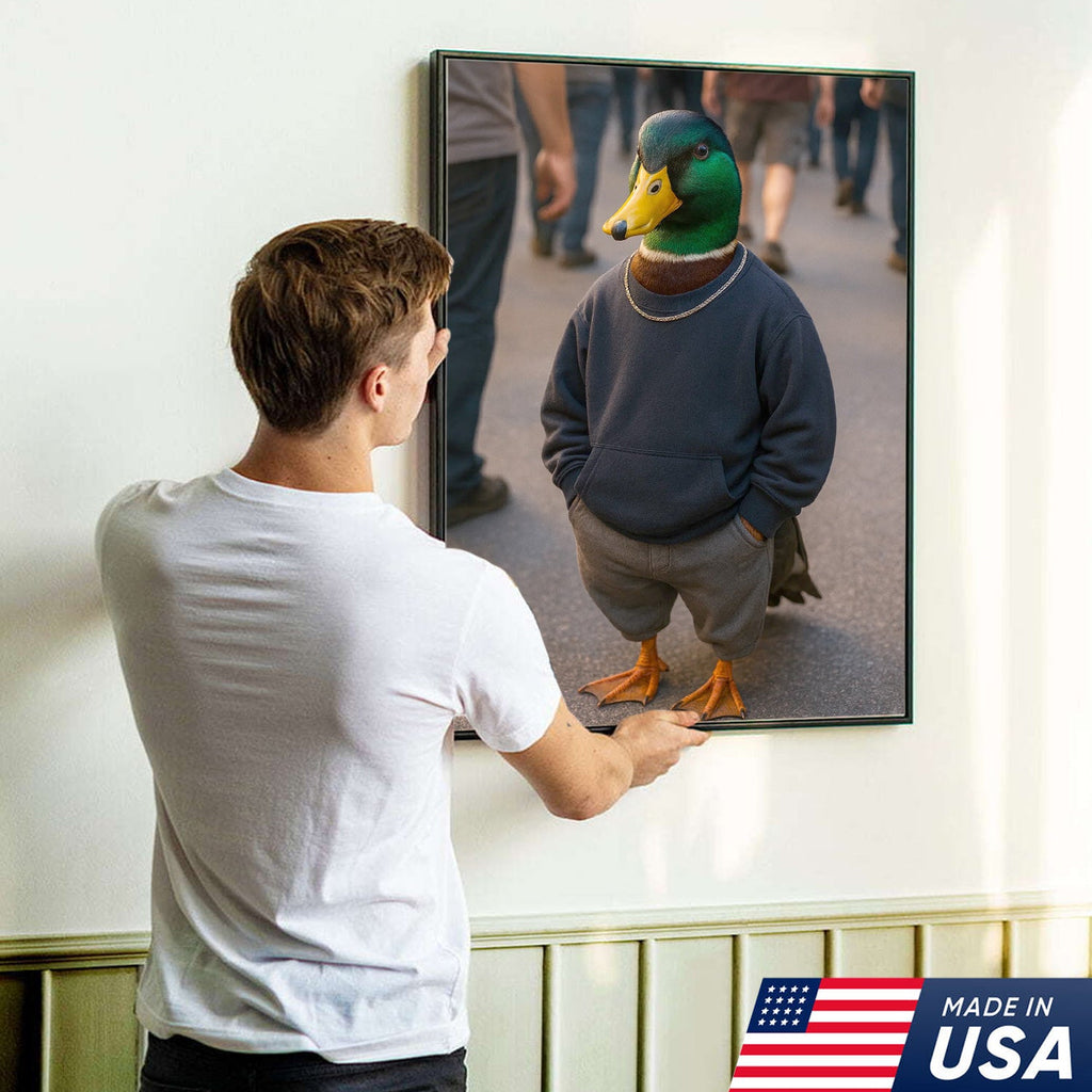 Funny Duck Canvas Wall Art, Cool Mallard in Hoodie Streetwear Poster