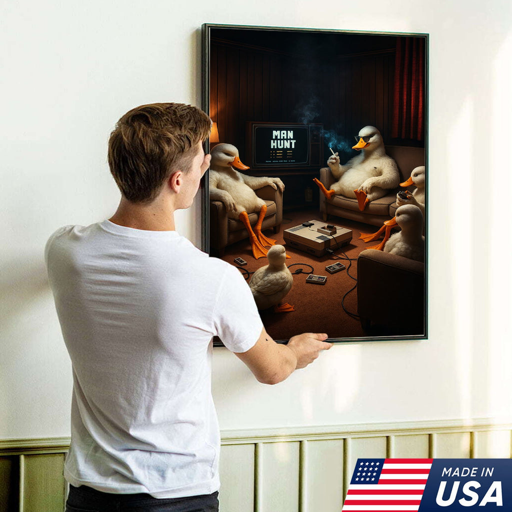 Gaming Ducks Retro Scene Canvas – Dark Humor Surreal Wall Art for Man Cave Decor