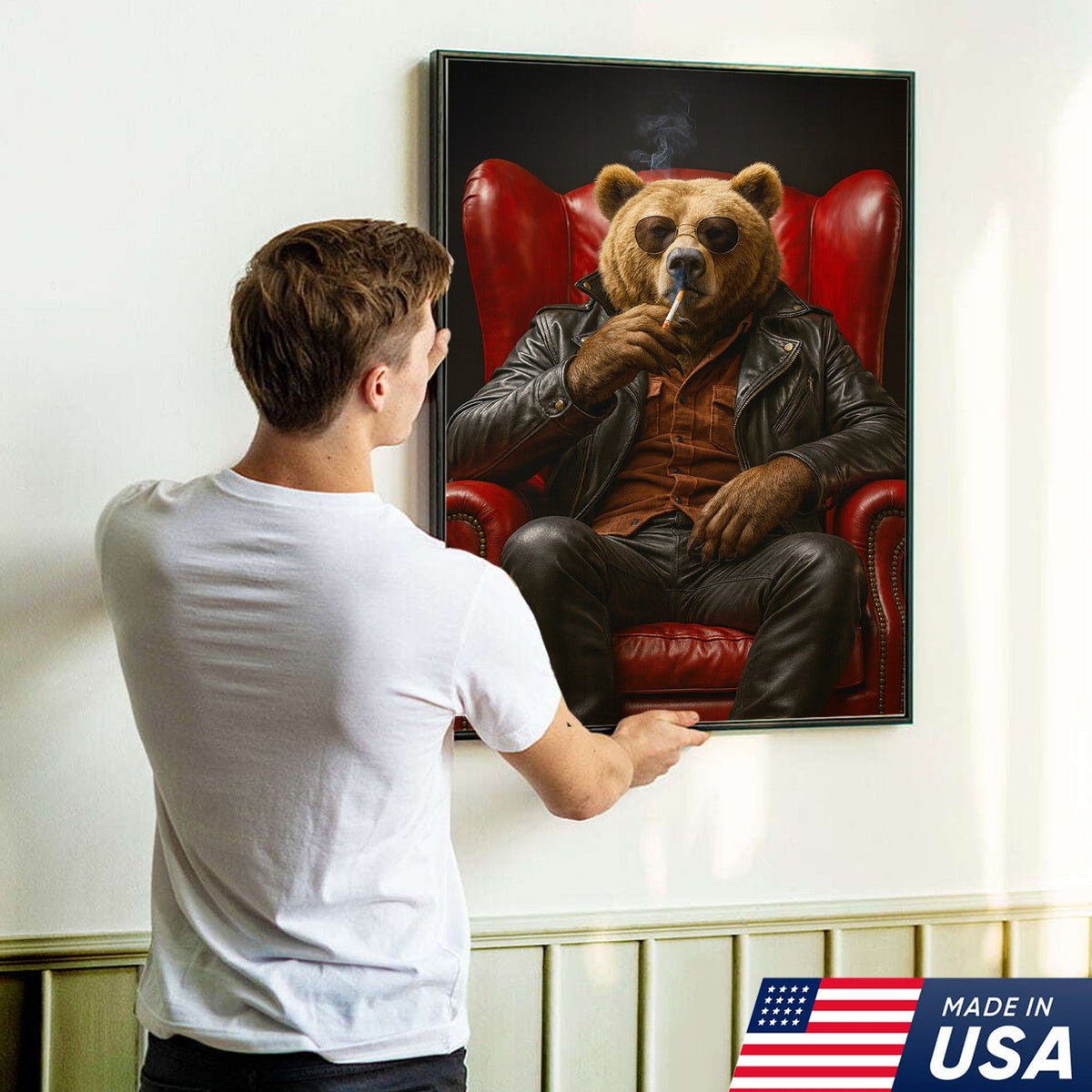 Cool Smoking Bear Wall Art Canvas – Badass Leather Chair Bear Canvas Print for Man Cave Decor