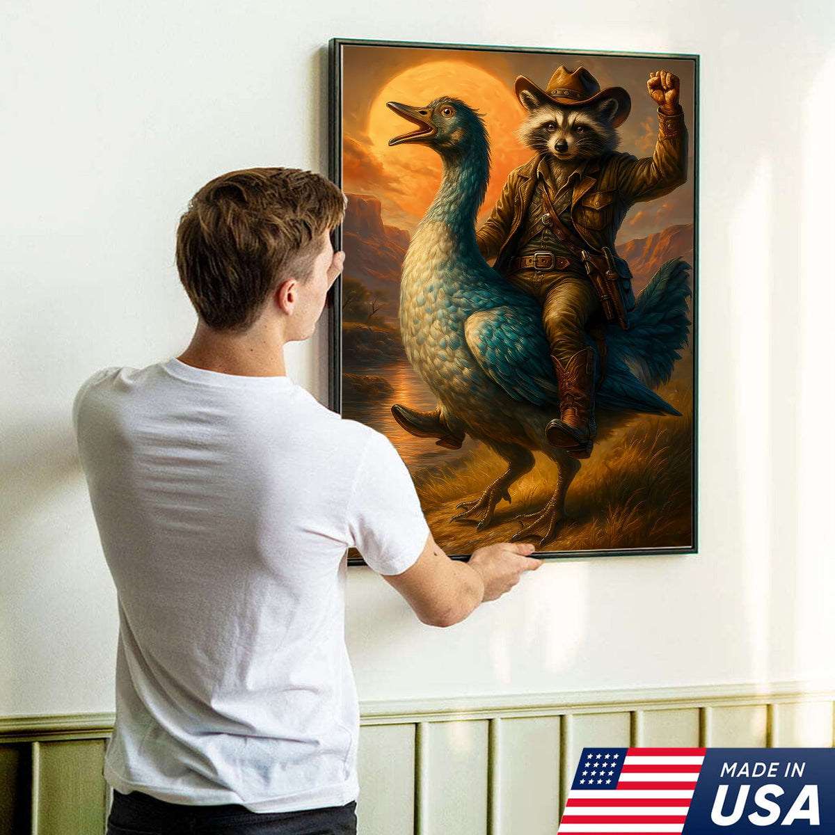 Raccoon Cowboy Riding Goose Canvas – Funny Western Wall Art for Hunters & Animal Lovers