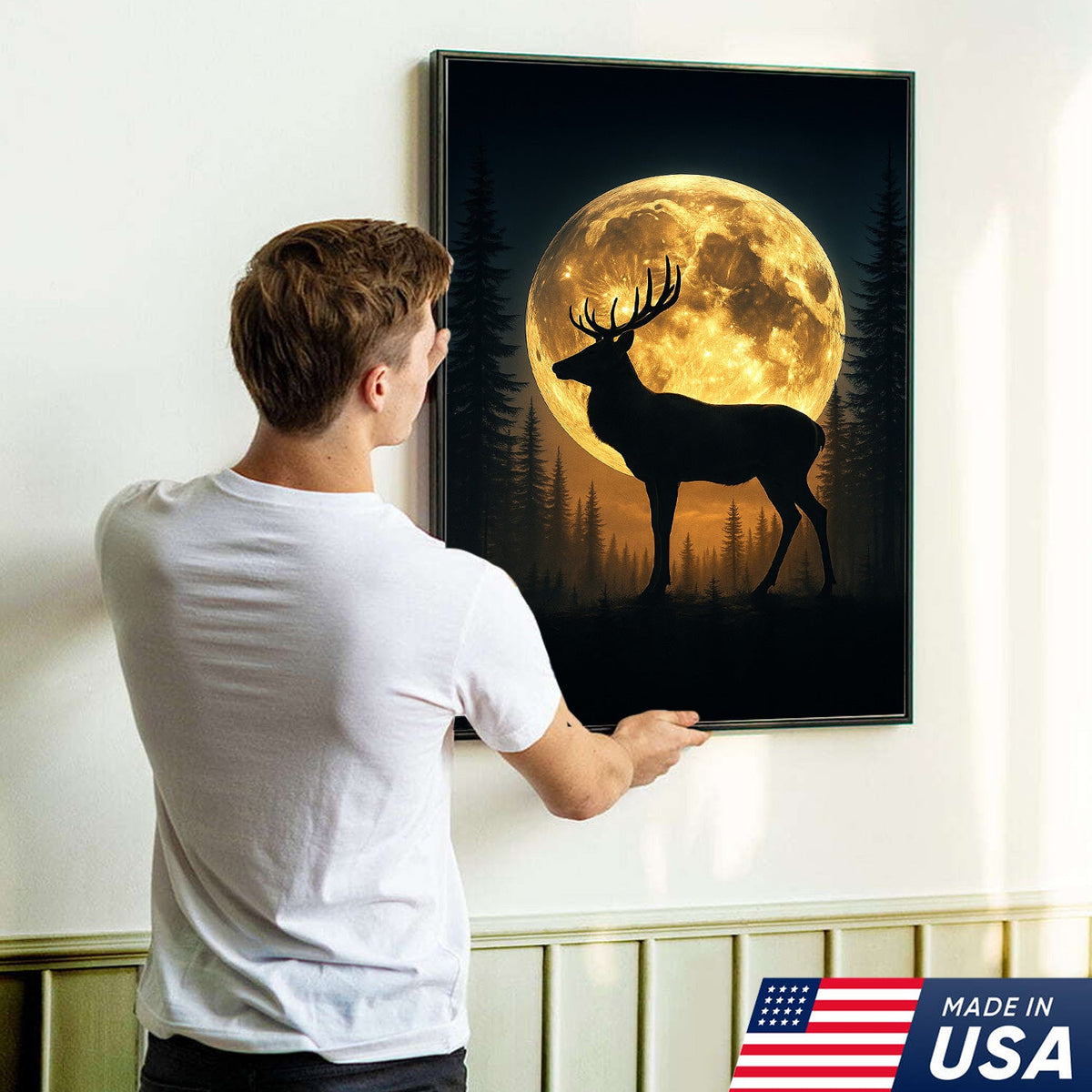 Moonlit Deer Silhouette Canvas – Rustic Forest Wall Art for Cabin & Lodge Decor
