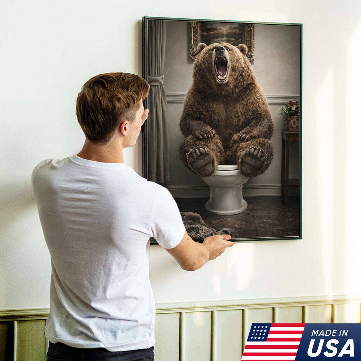Funny Roaring Bear Bathroom Canvas Wall Art – Bear On Toilet Painting