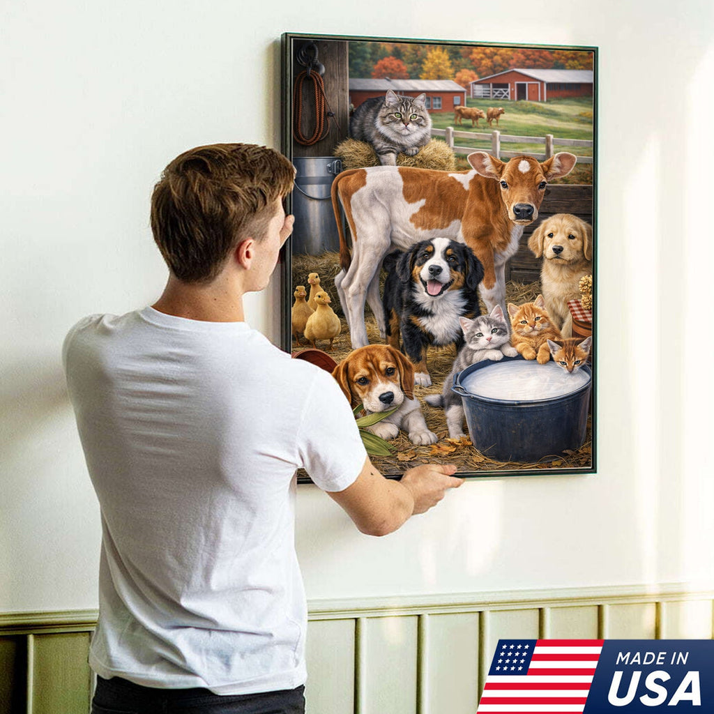 Farm Animals Canvas Wall Art – Cute Barn Animal Painting Cow Dog Cat Farm Decor