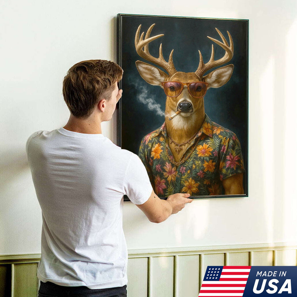 Cool Deer Smoking Canvas Wall Art, Funny Animal Portrait Artwork, Retro Hunter Gift Decor
