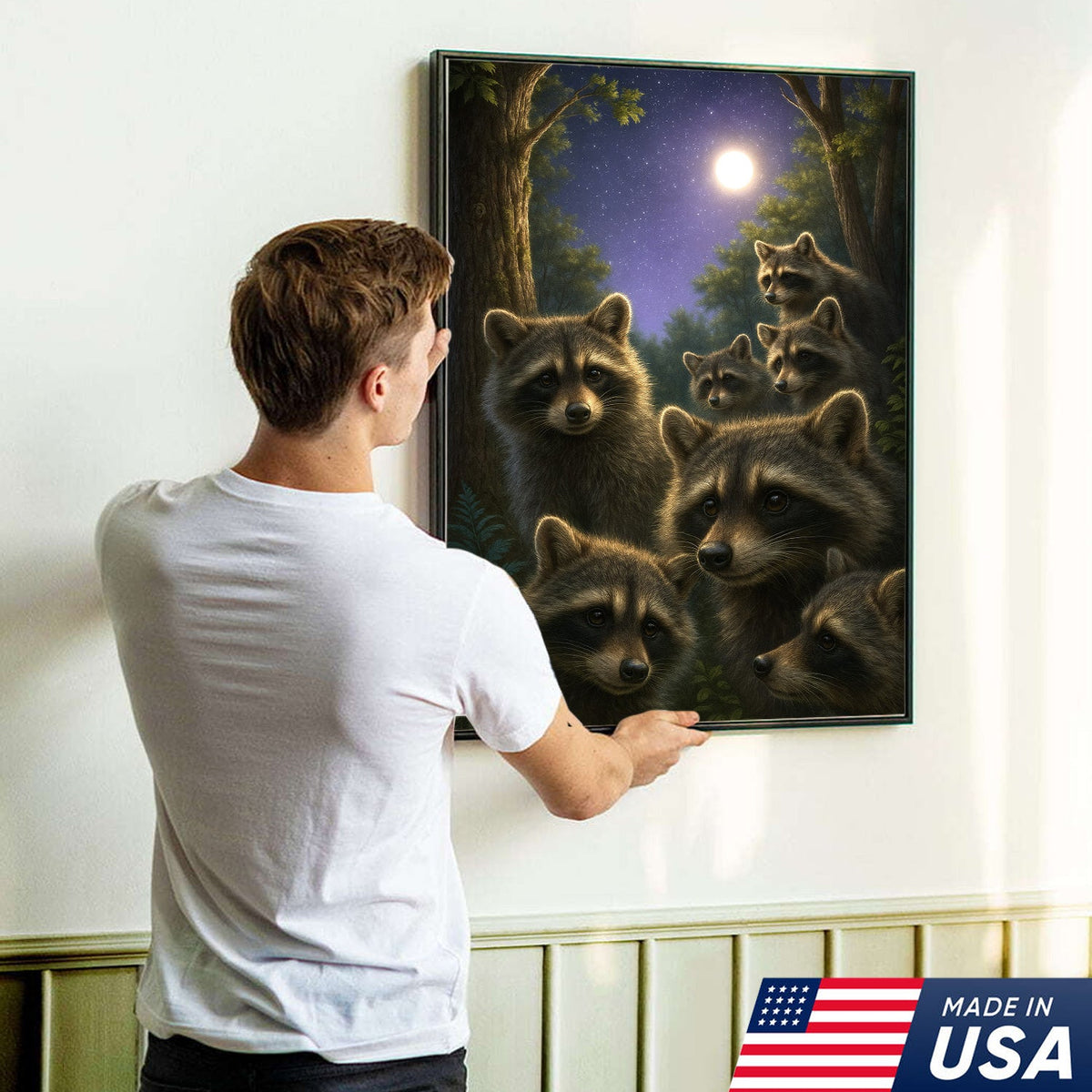 Raccoons Under Full Moon Canvas – Woodland Night Scene, Rustic Lodge Wall Art