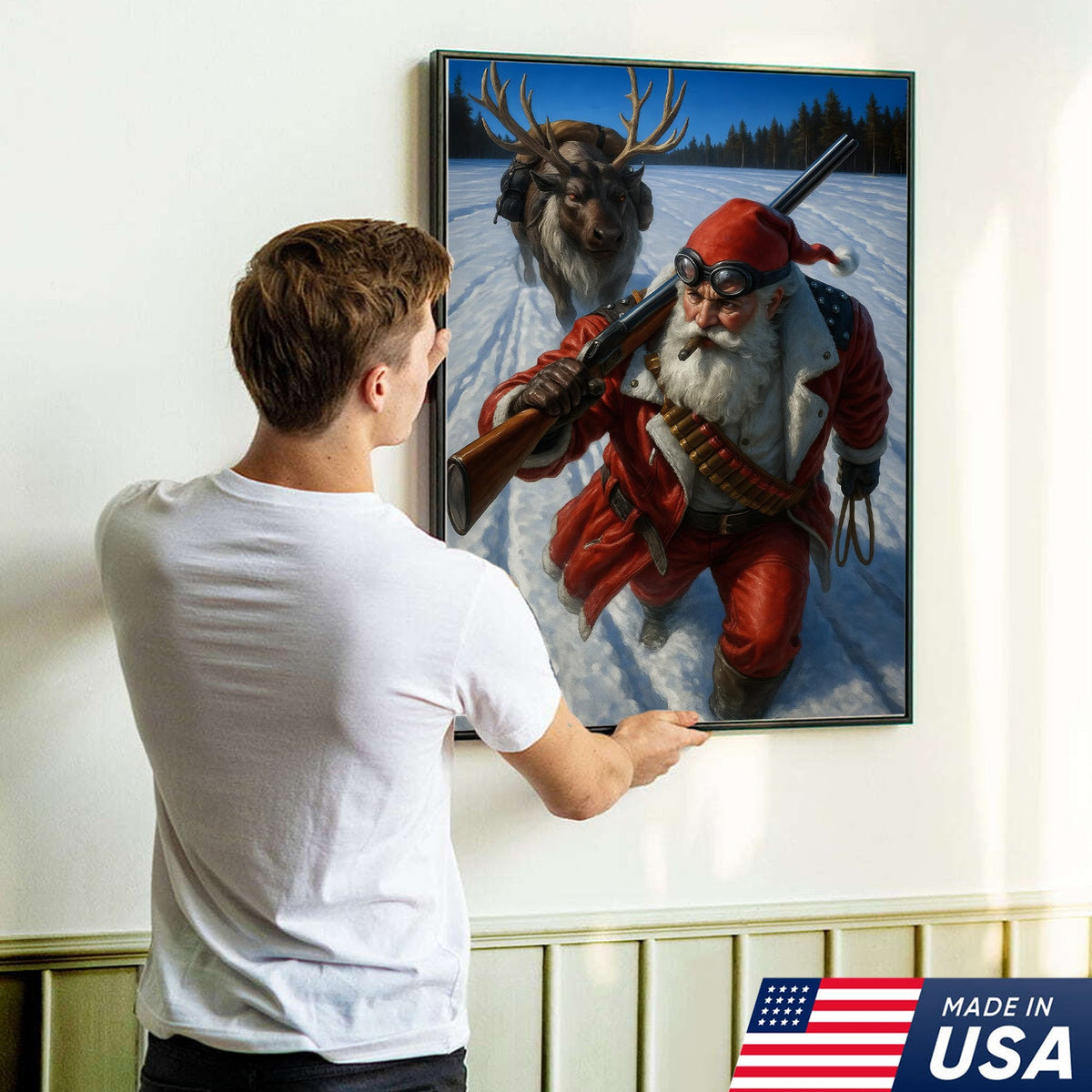 Action Santa Sprinting with Reindeer Canvas Wall Art, Epic Winter Christmas Decor