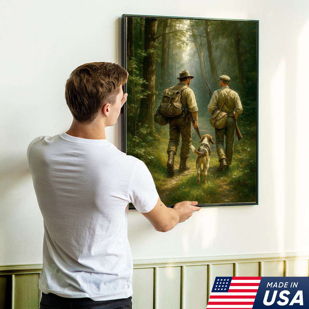 Hunting Canvas Wall Art – Hunters Walking with Dog in Forest – Rustic Cabin Decor