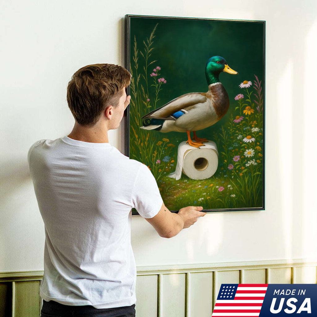 Duck on Toilet Paper Canvas Wall Art, Funny Bathroom Decor with Wildflowers