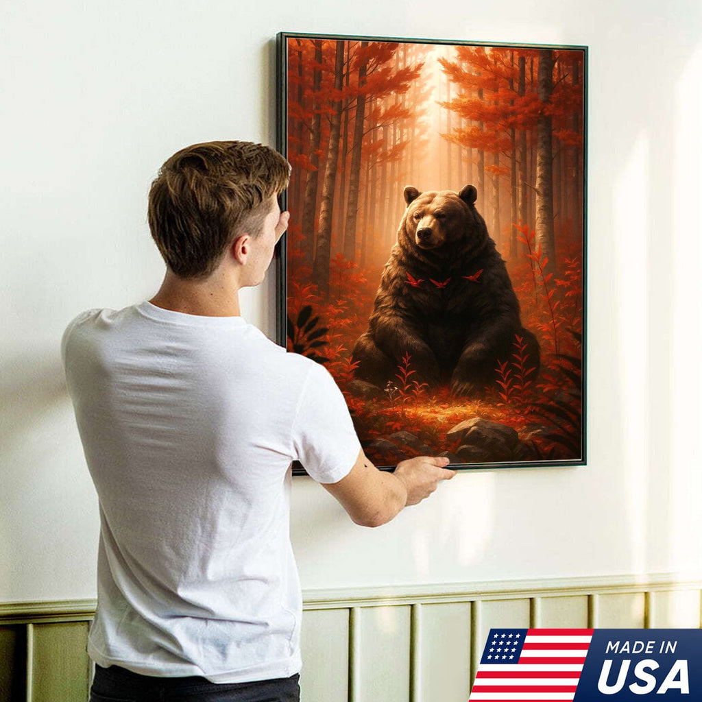 Autumn Forest Bear Canvas Wall Art, Majestic Brown Bear in Fall Woodland