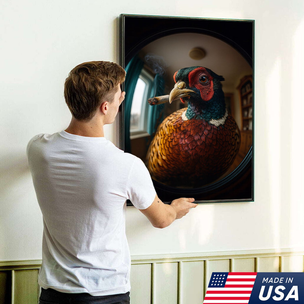 Funny Pheasant Wall Art Smoking Bird Print for Man Cave Decor - Unique Hunting Gift