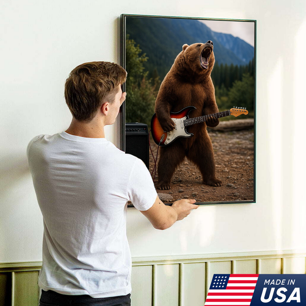Funny Bear Canvas Wall Art – Rock and Roll Wildlife Decor, Guitar Playing Grizzly