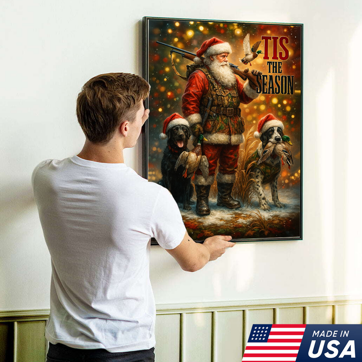 Rustic Christmas Hunting Canvas Art - Santa with Hunting Dogs and Ducks Holiday Wall Decor