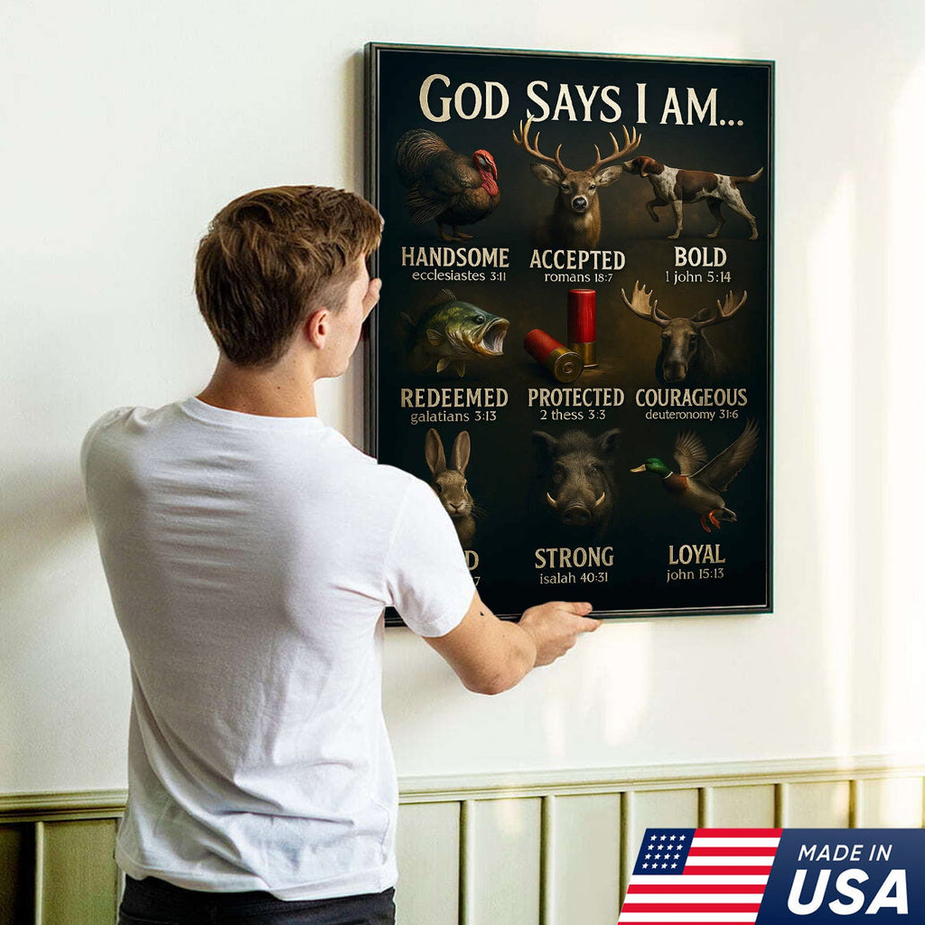 God Says I Am Hunting Canvas, Christian Wildlife Wall Art with Deer, Turkey, Duck, and Moose