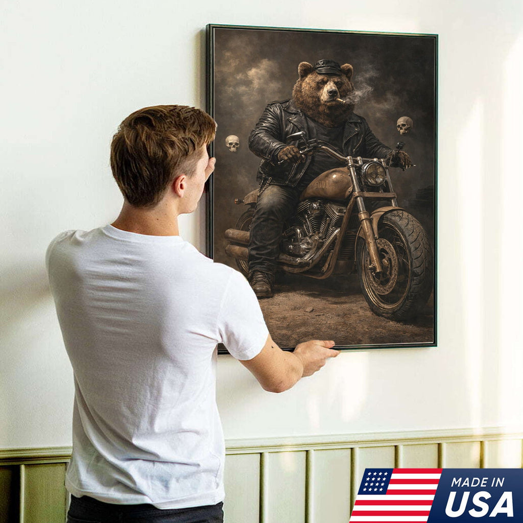Bear Motorcycle Canvas Print Biker Animal Wall Art Man Cave Decor Gift
