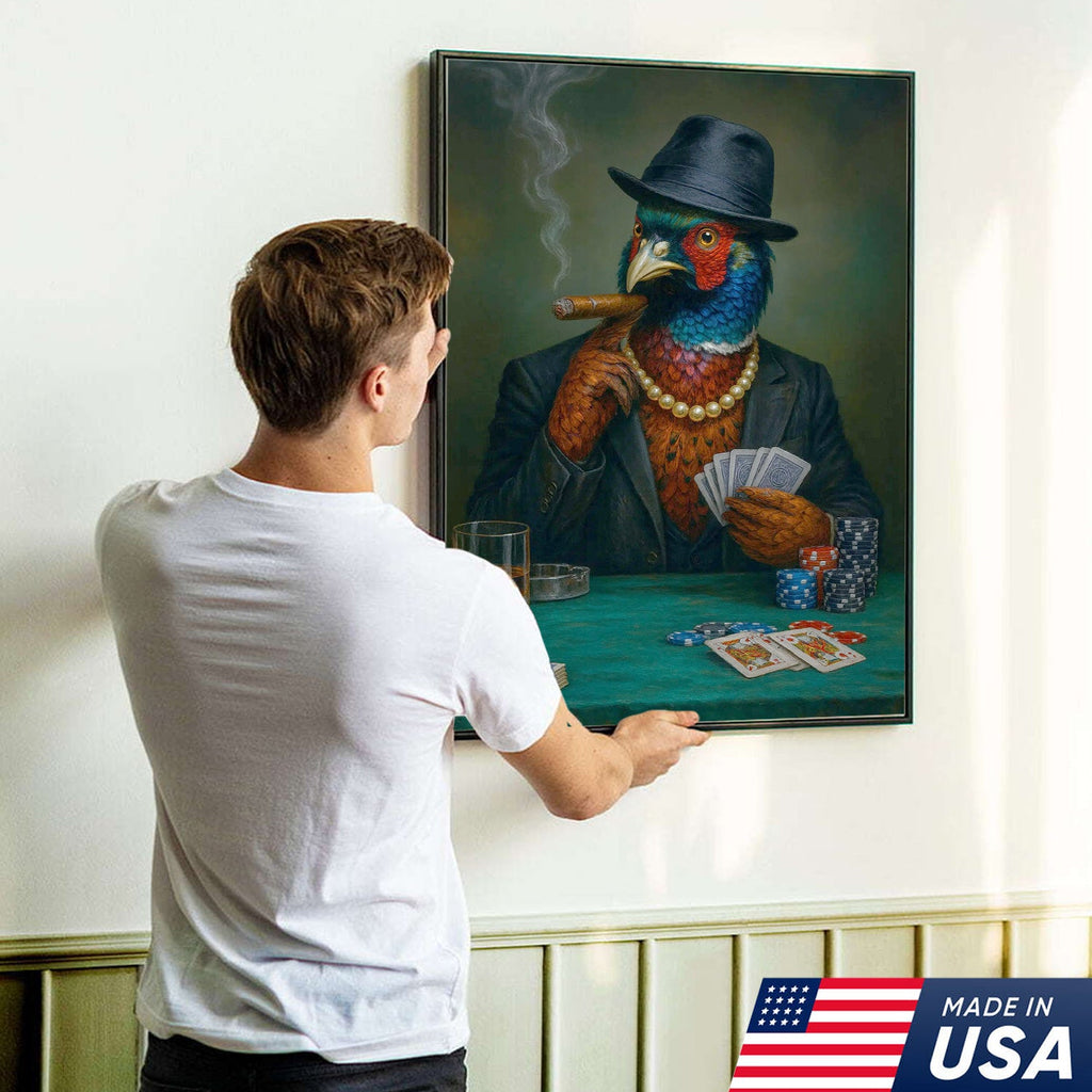 Funny Pheasant Poker Player Canvas Wall Art, Colorful Bird in Suit Casino Decor
