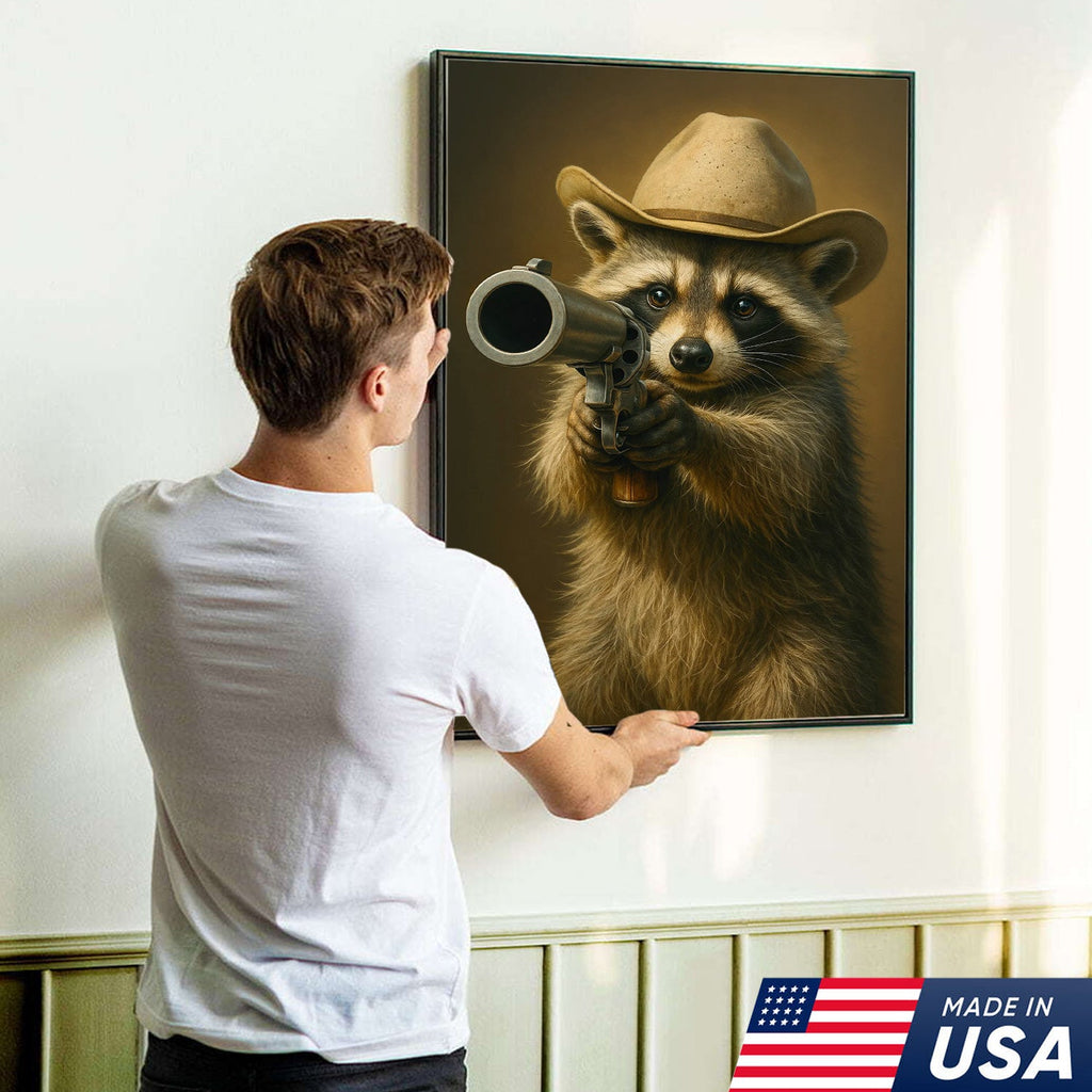 Cowboy Raccoon with Revolver Canvas Wall Art, Funny Western Critter Decor