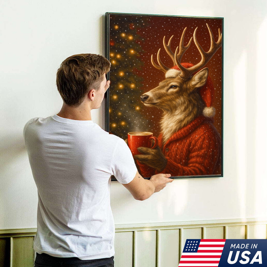 Christmas Deer Drink Coffee In Cozy Sweater Canvas Wall Art - Holiday Cabin Decor