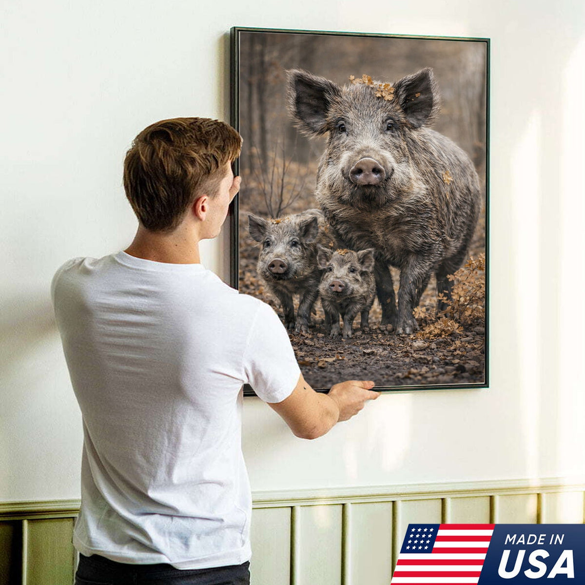 Wild Boar Family Canvas Wall Art – Rustic Forest Wildlife Animal Wall Decor