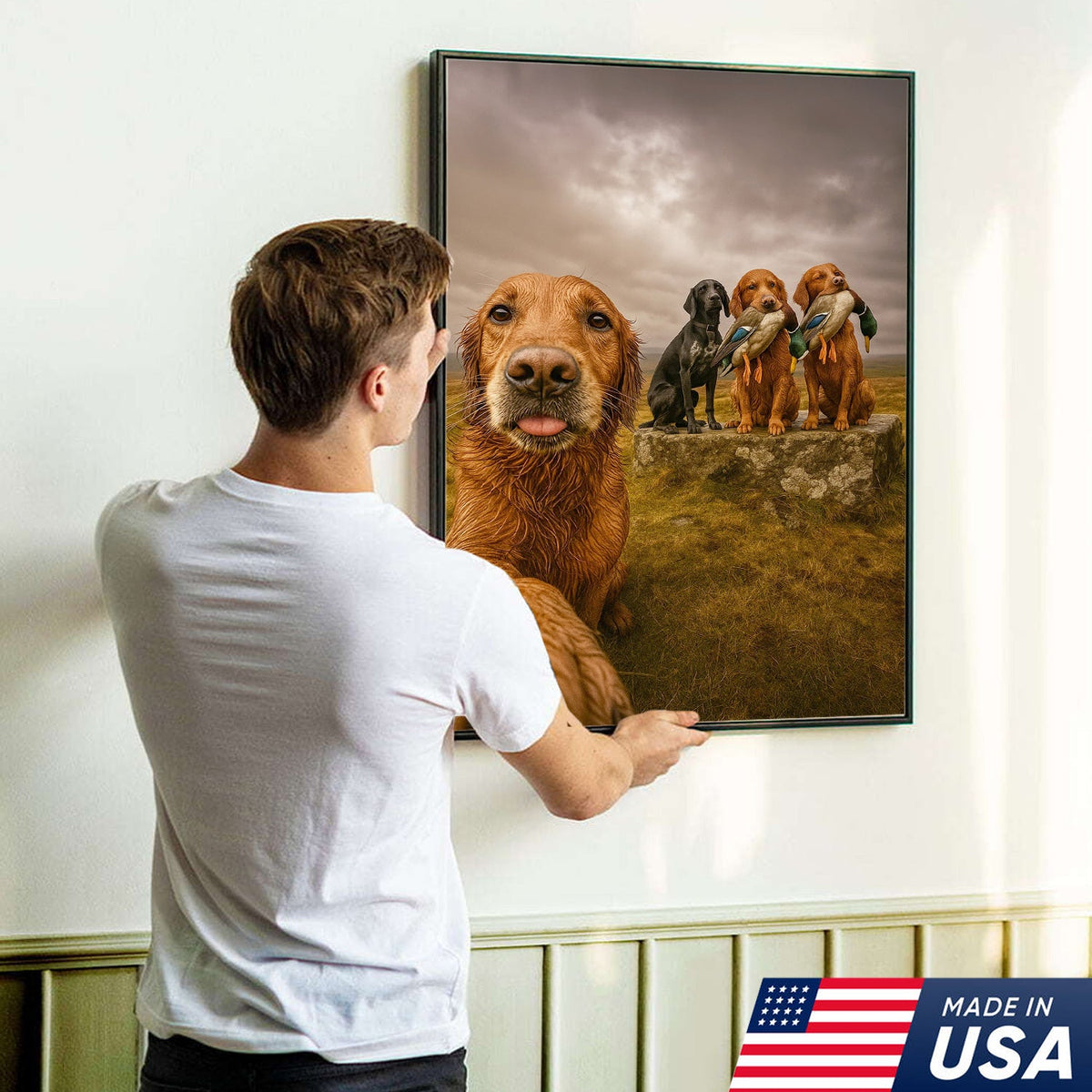 Hunting Dogs Selfie Canvas Art – Funny Retriever Group Photo with Ducks