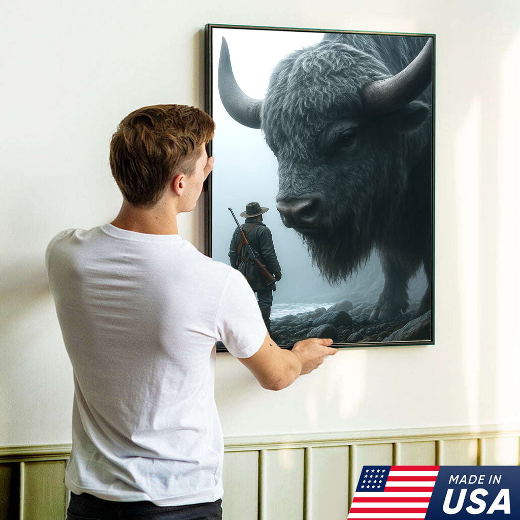Giant Bison and Cowboy Wall Art Canvas, Western Hunter Standing by Buffalo Print